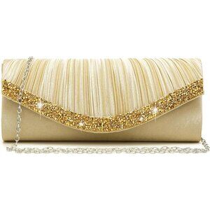 Women's Formal Satin Rhinestones Wedding Party Prom Dressy Gold Clutches Bag